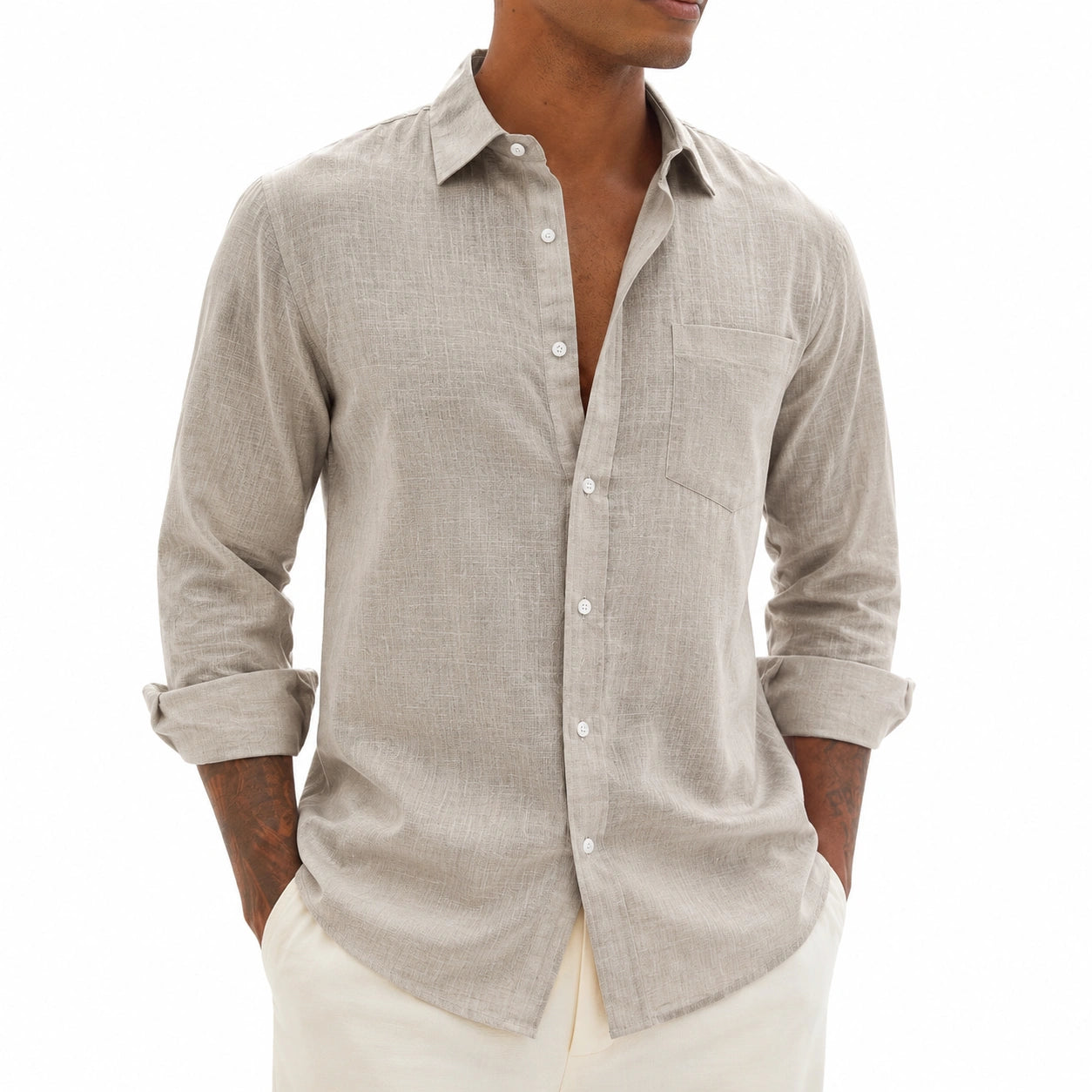 Chemise homme taille L en lin beige à manches longues style décontracté