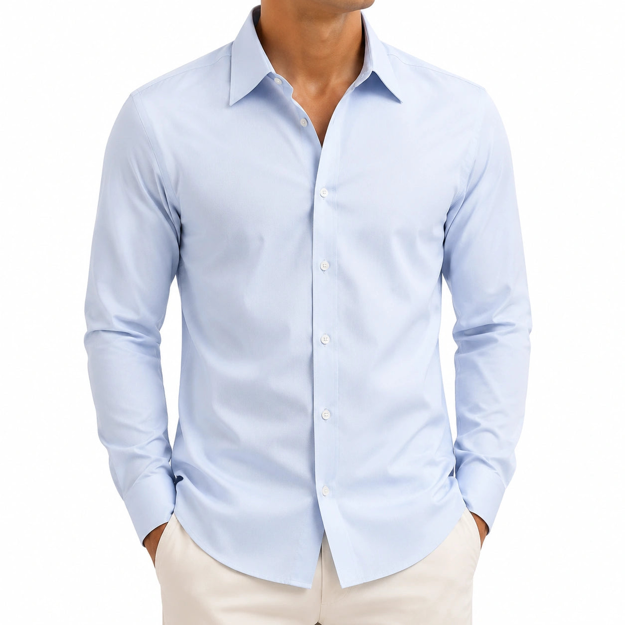 Chemise homme taille L en tissu tissé bleu clair à manches longues coupe ajustée