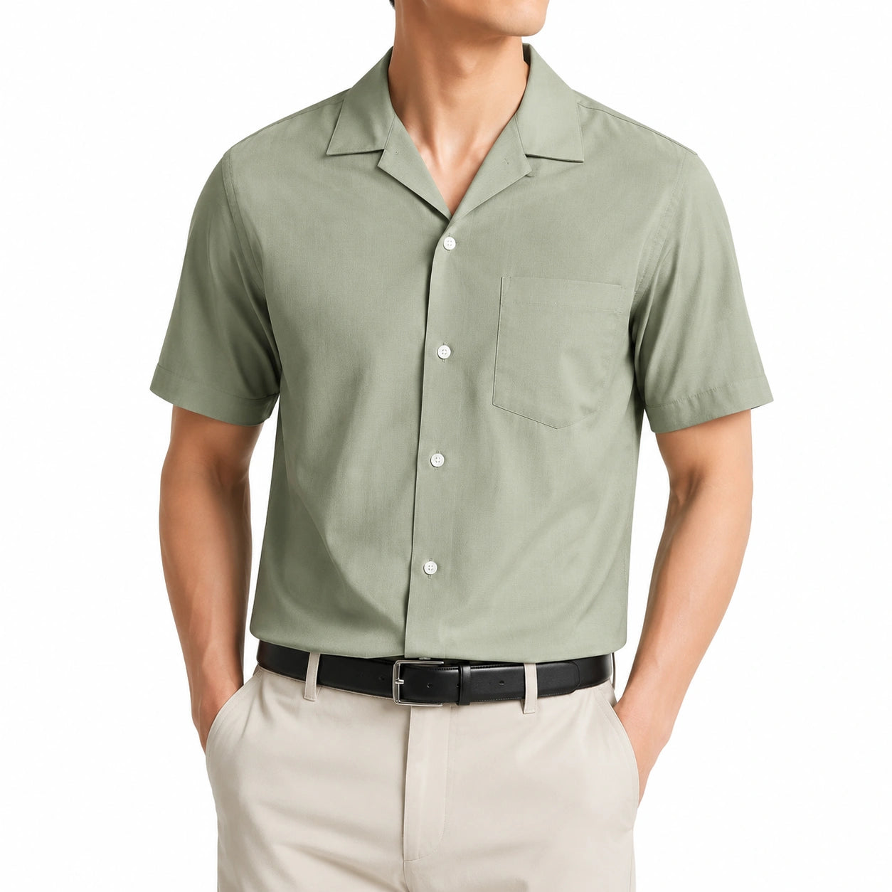 Chemise homme XL en tissu tissé vert sauge à manches courtes style décontracté