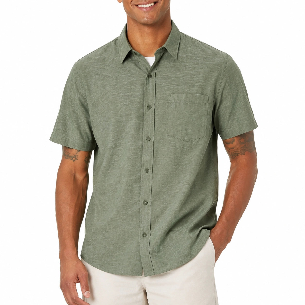 Chemise homme taille M vert kaki manches courtes tissu texturé style décontracté