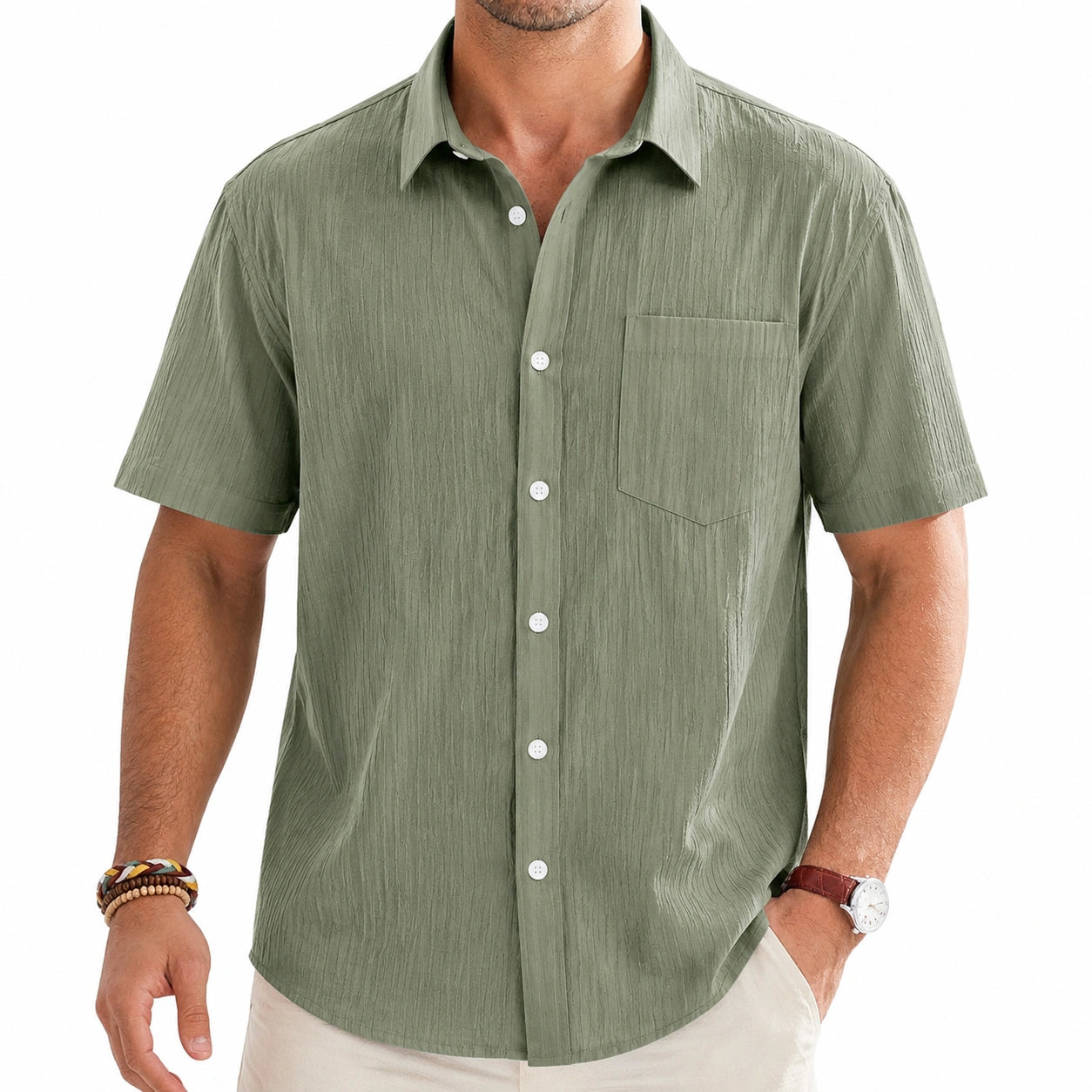 Chemise homme M verte à manches courtes en tissu texturé coupe droite