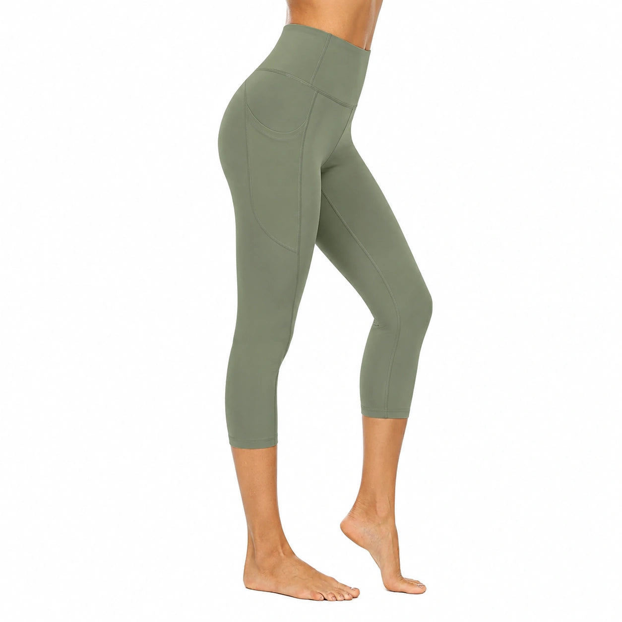 Legging sport 7/8 femme taille M vert kaki tissu extensible taille haute avec poche latérale