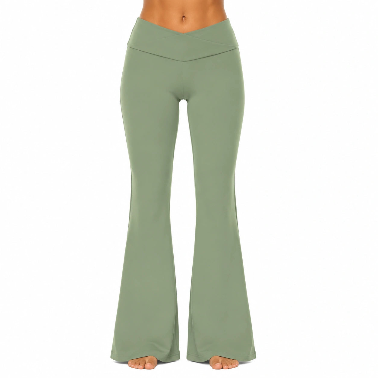 Pantalon de yoga femme taille M vert sauge en tissu extensible à jambes évasées