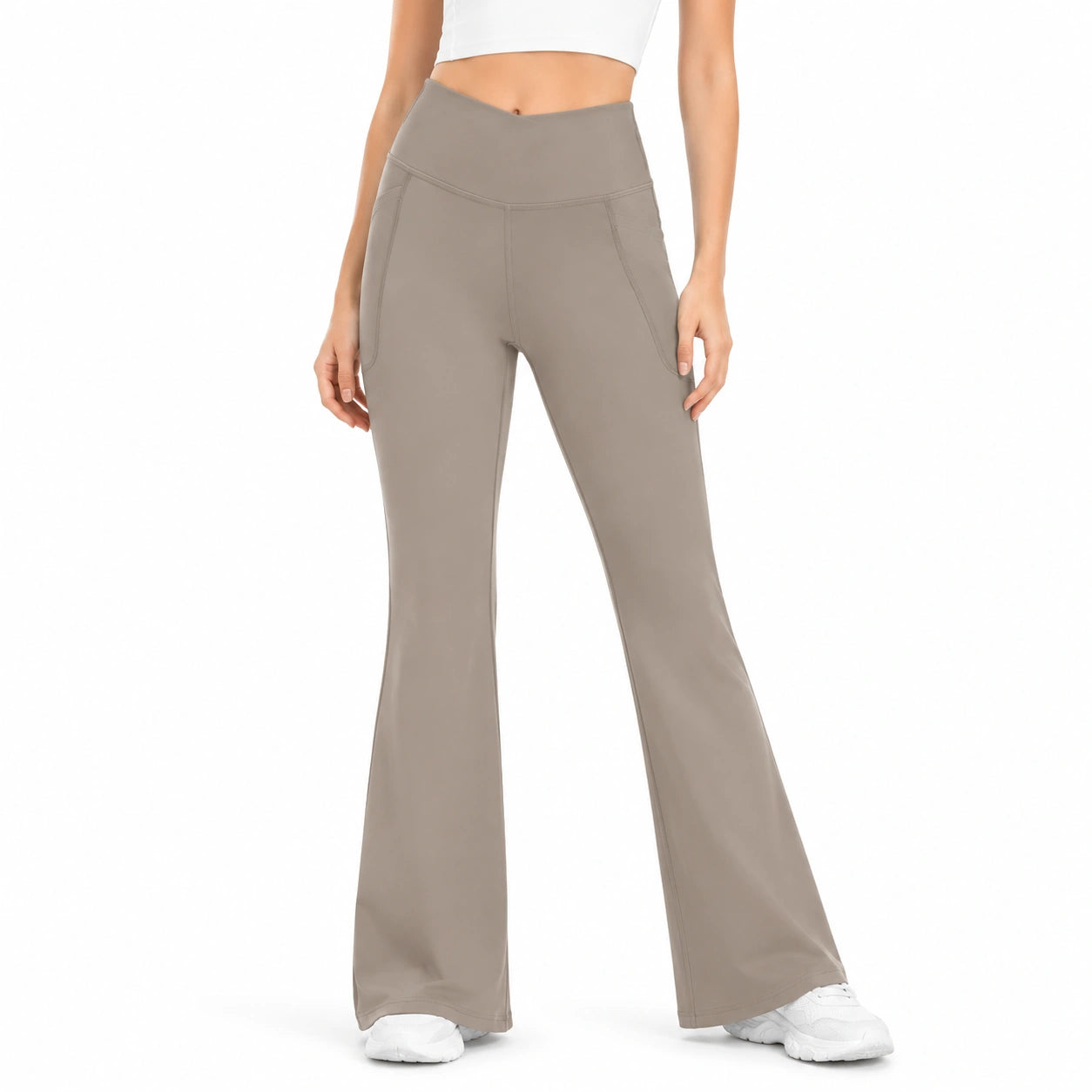 Pantalon de yoga femme M en tissu extensible taupe taille haute évasé