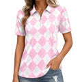 Polo femme M en tissu rose blanc à losanges zippé style décontracté