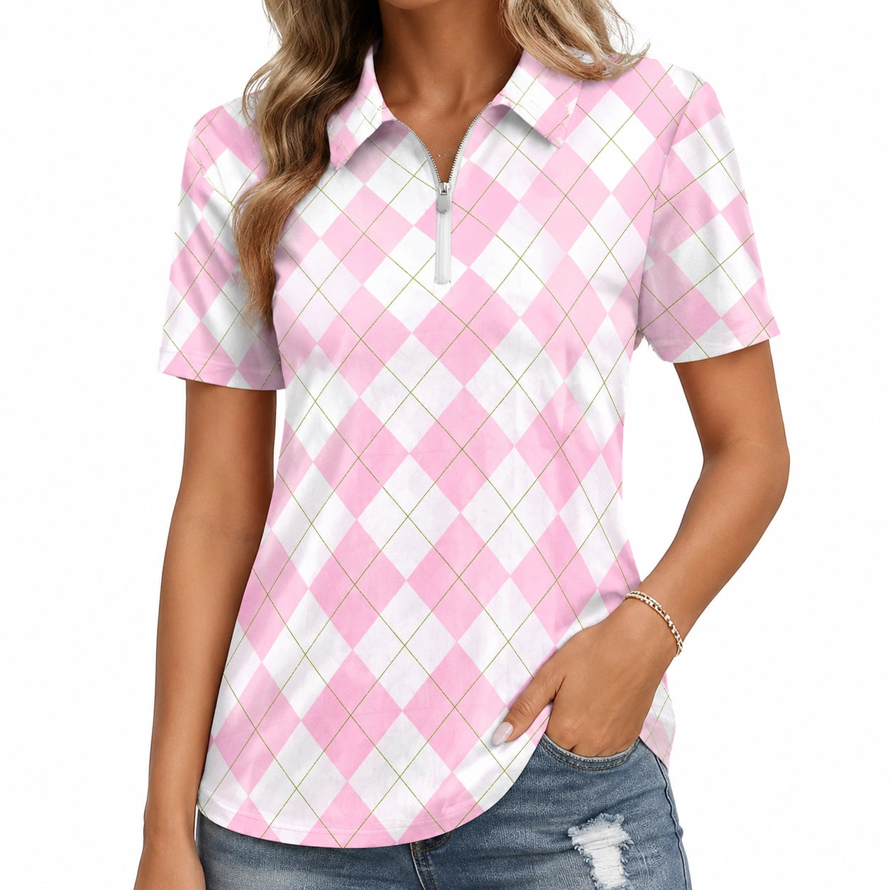 Polo femme M en tissu rose blanc à losanges zippé style décontracté