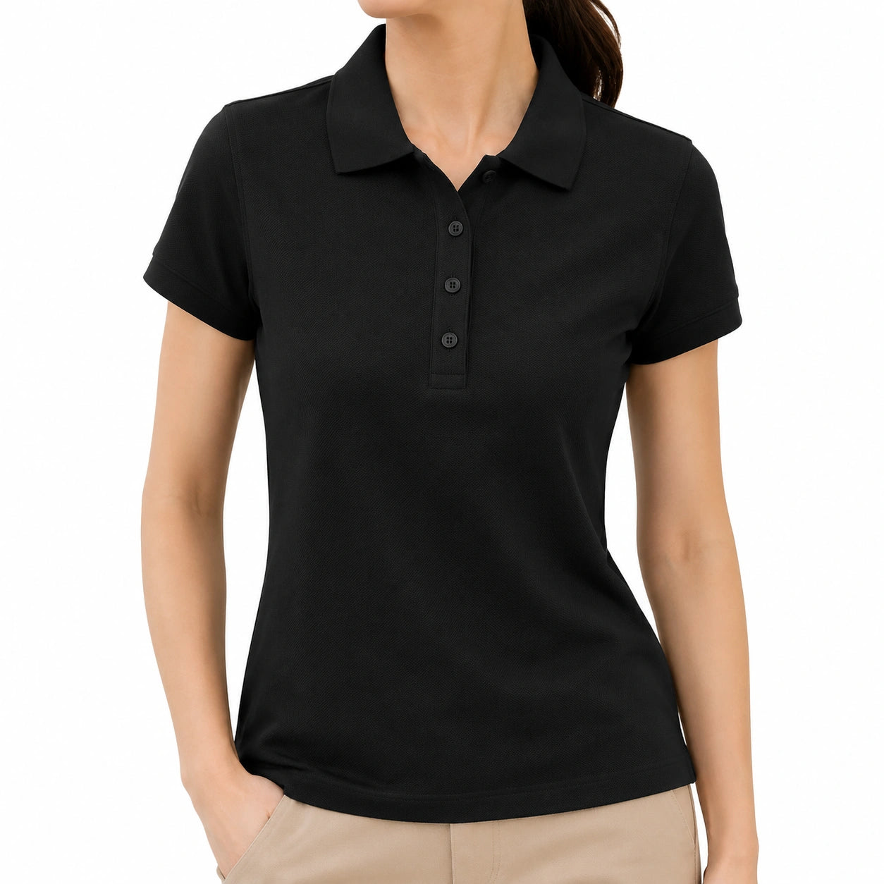 Polo femme taille S noir en maille piquée à manches courtes style classique
