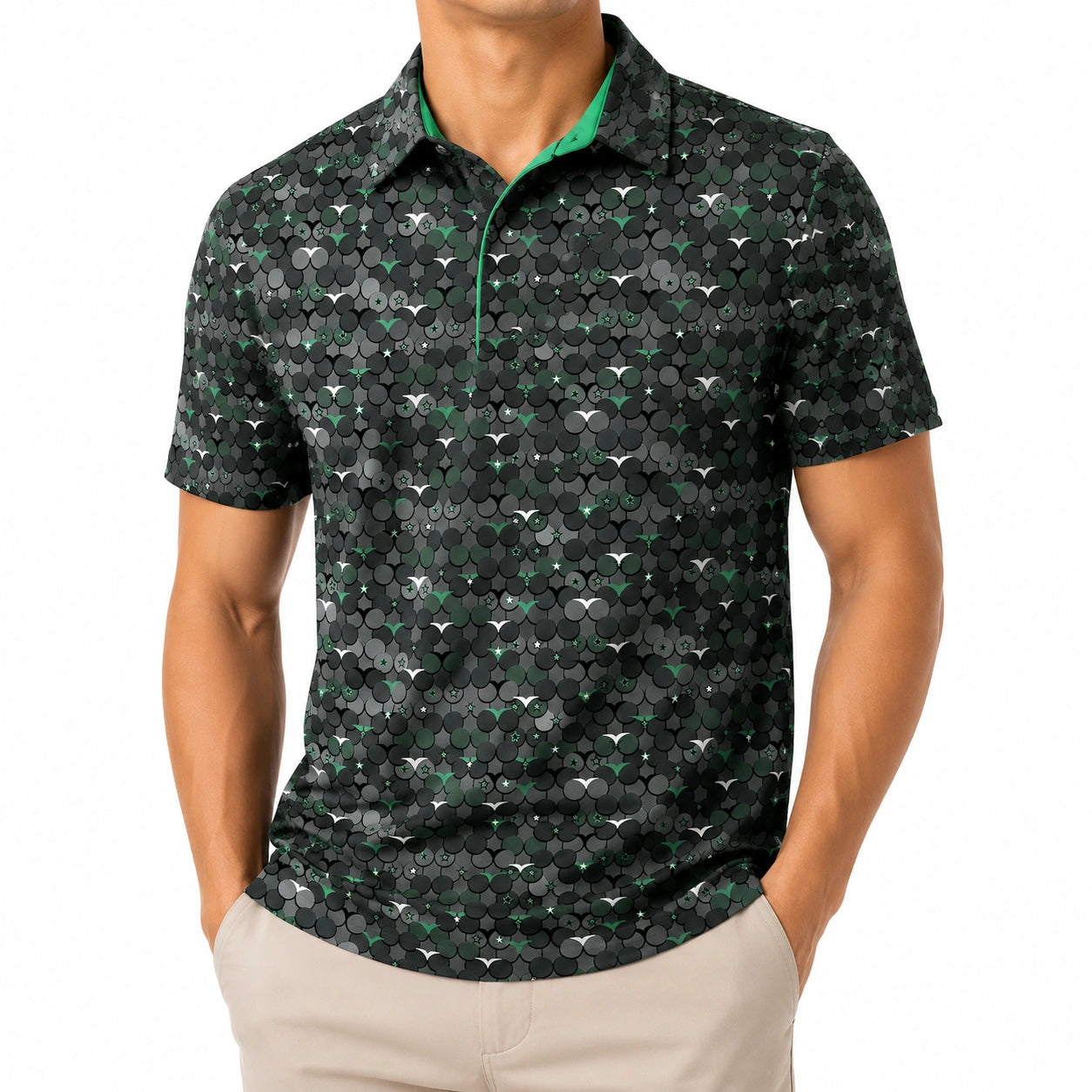 Polo homme L noir vert imprimé col contrasté manches courtes