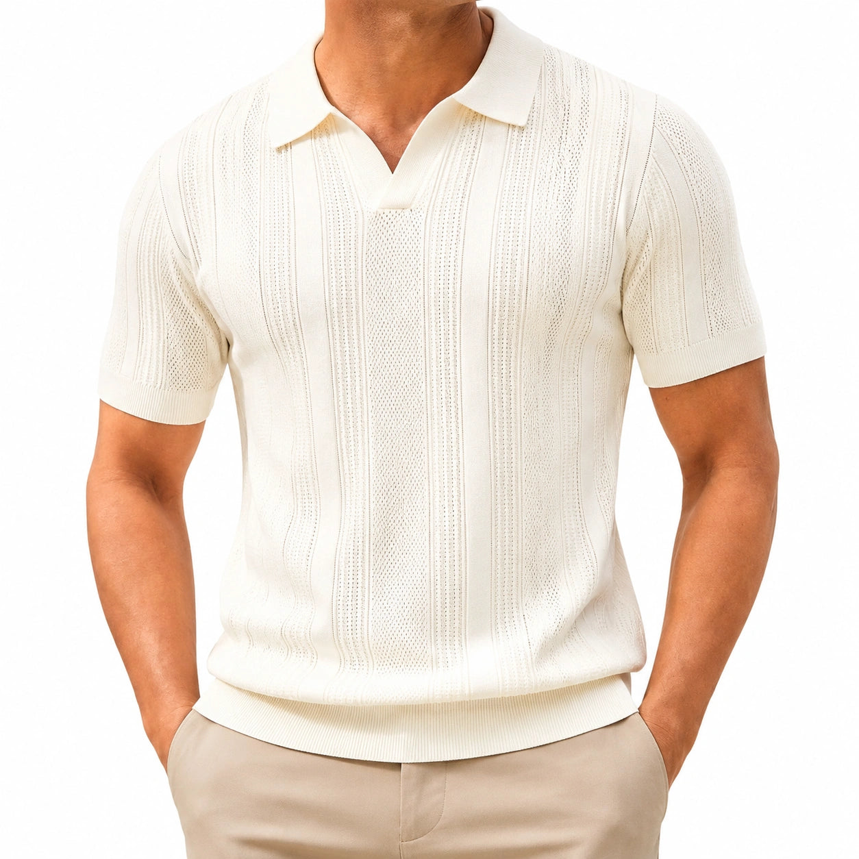Polo homme XL en maille écrue ajourée à manches courtes