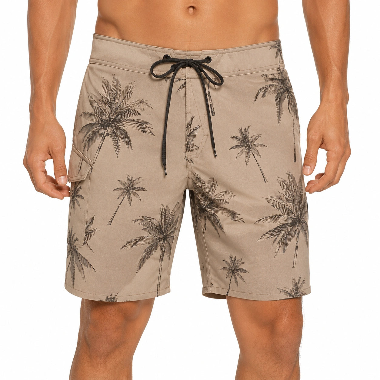Short de bain homme L en tissu beige à palmiers avec cordon de serrage