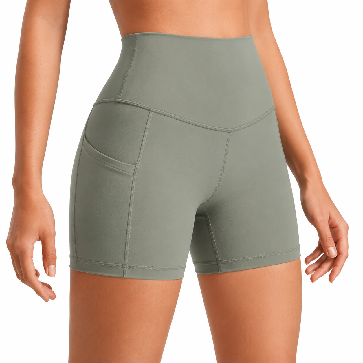 Short cycliste femme taille L vert kaki taille haute avec poche latérale