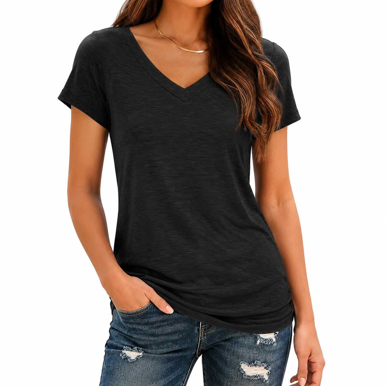 T-shirt femme S en tissu noir col V manches courtes coupe décontractée