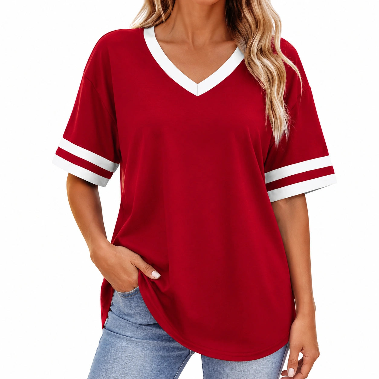 T-shirt femme taille S rouge et blanc à col V style décontracté