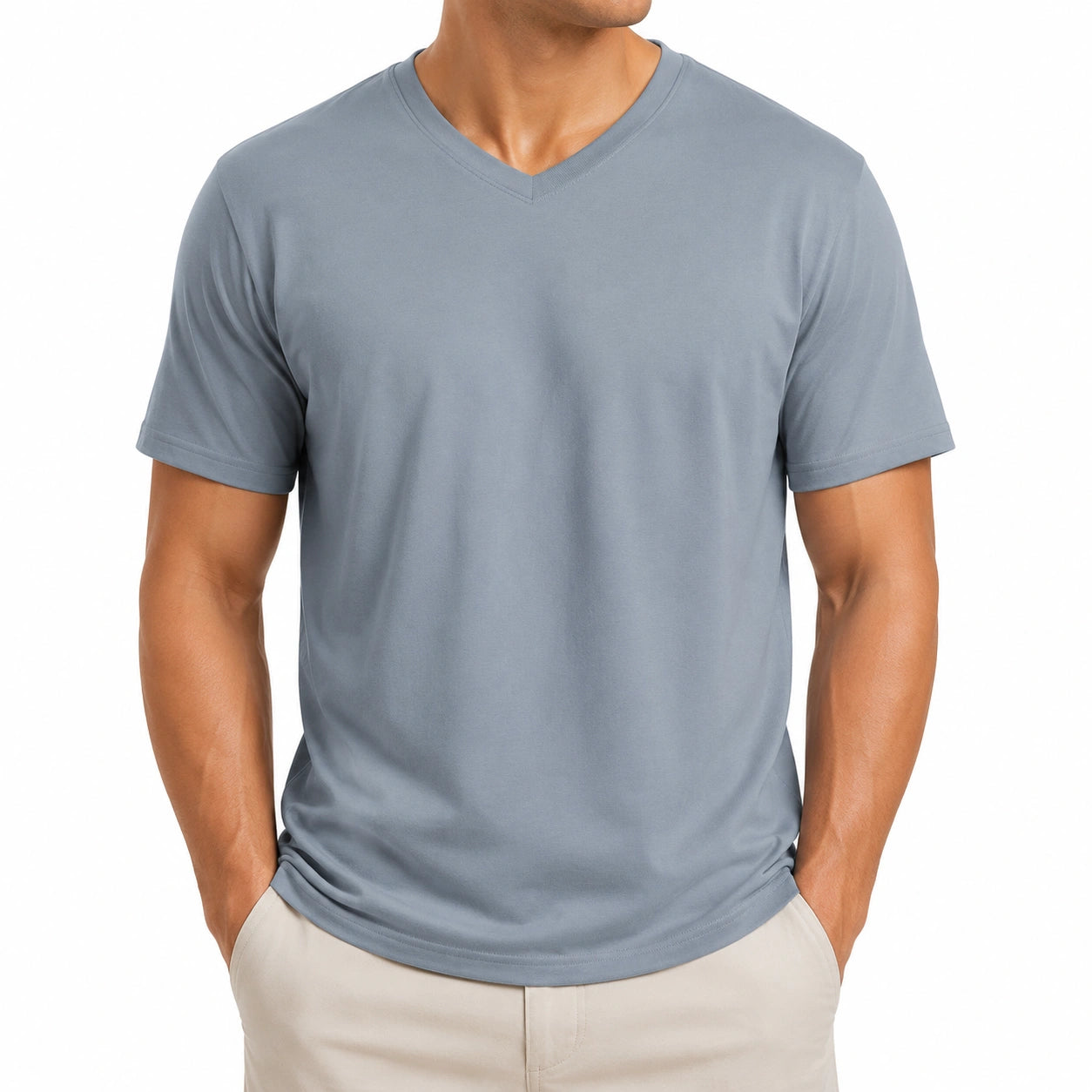 T-shirt homme XL gris bleu en maille col V manches courtes