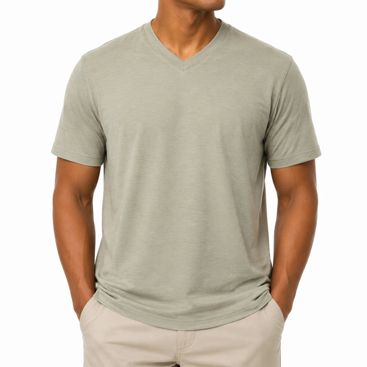 T-shirt homme taille M en jersey vert sauge à col V manches courtes